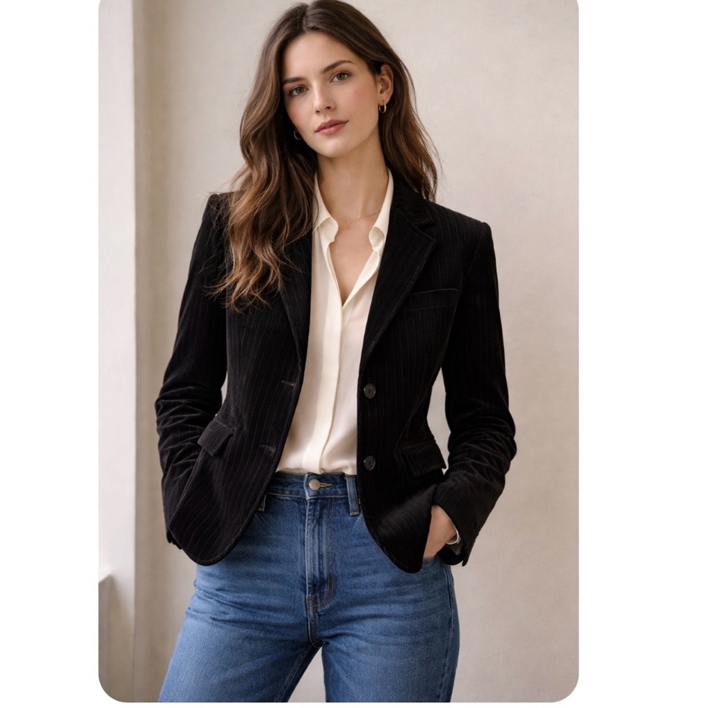 Y2K J.Crew Black Pinstripe Velvet Blazer Dark Academia Office Siren Size 8